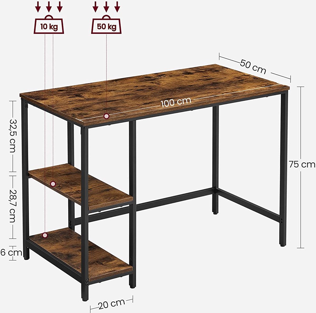 MIRA Home - Bureau - Computertafel - Bruin/Zwart - Hout/Staal - 50 x 100 x 75 cm thumbnail 2