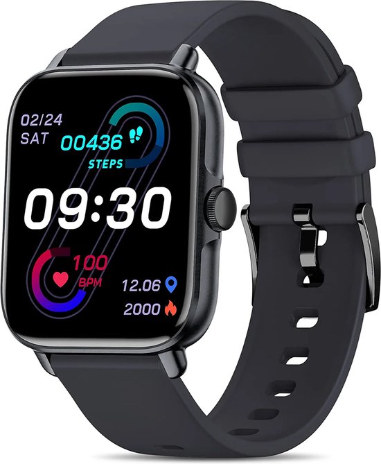 SAMMIT Smartwatch - Zwart - Smartwatch Dames & Heren – Full Touchscreen – IOS en Android – Stappenteller - Met Extra Grijs Bandje - 38mm