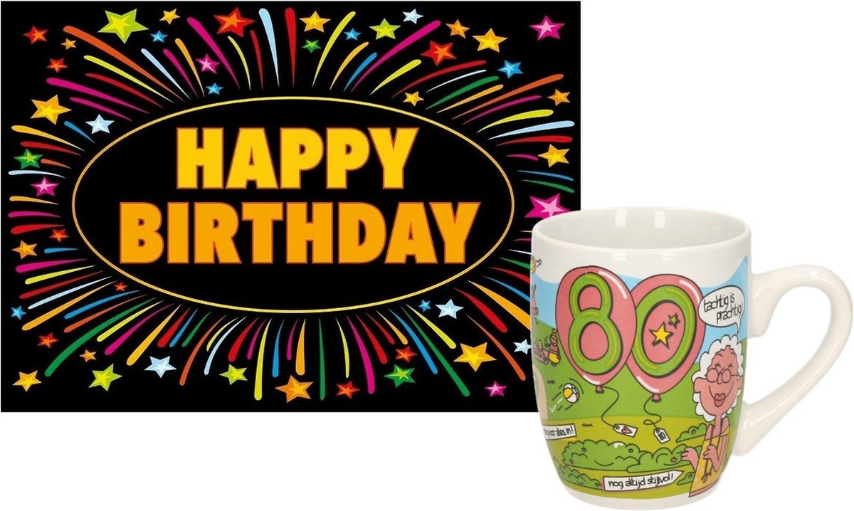 Paperdreams Grappige verjaardag mok/beker 80 jaar vrouw fun tekst 300 ml + wenskaart Happy Birthday