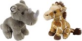 Ravensden - Knuffeldieren giraffe en neushoorn pluche knuffels 18 cm
