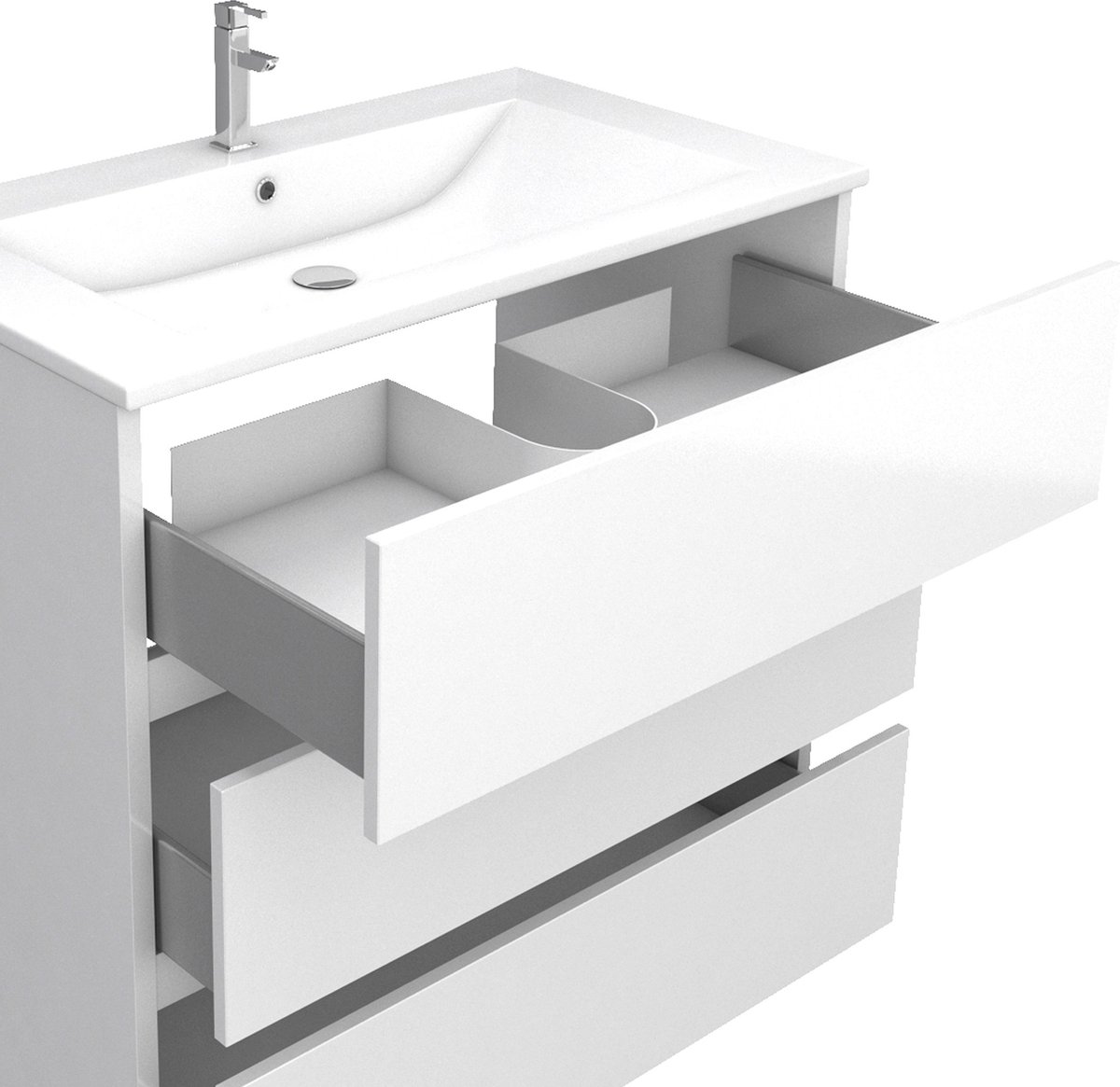 Ensemble Meuble de salle de bain blanc 80 cm sur pied 3 tiroirs + vasque ceramique blanche + miroir
