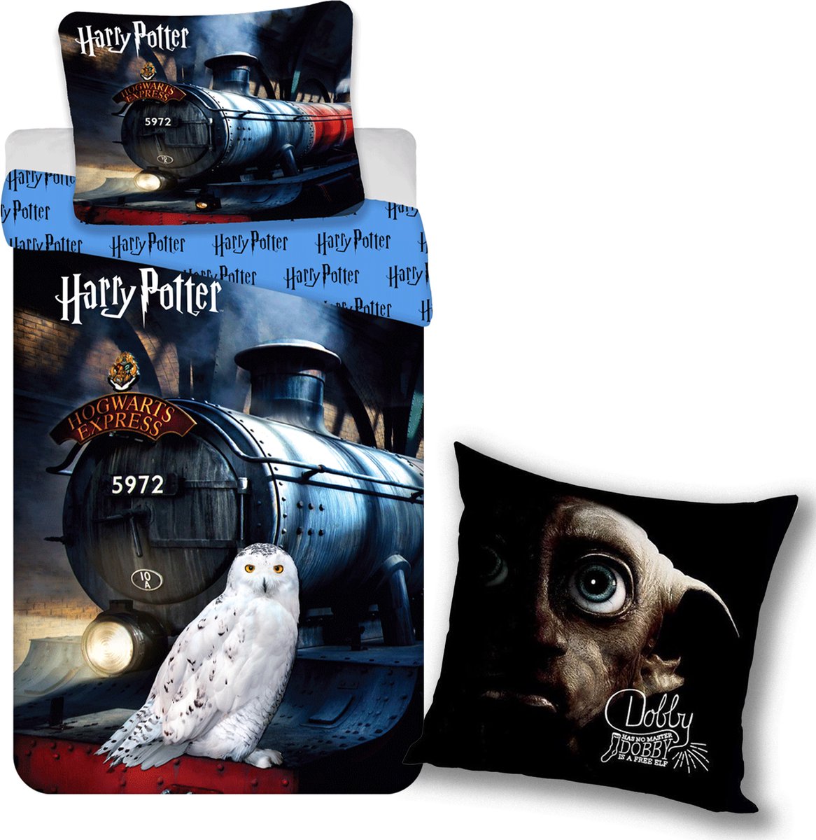 Dekbedovertrek Harry Potter- Hogwarts Express - Eenpersoons - 140 x 200 cm - Katoen, incl. Harry Potter Dobby - Sierkussen 40 x 40