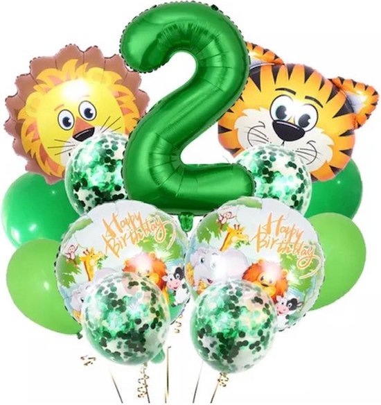 Jungle Ballonnen set - 2 Jaar - 13 stuks - Verjaardag Versiering / Feestversiering - Kinderfeestje - Jungle - Safari - Dieren - Dierentuin - Zoo - Helium ballon - Groene ballon - Gele balon - Jungle Versiering - Happy Birthday