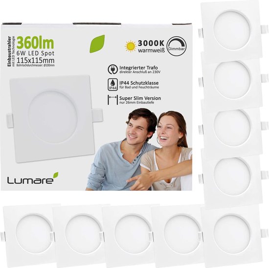 Lumare LED Inbouwspot Dimbaar 6W | 360lm 230V IP44 Ultra Flat | Inbouwspots Wit Hoekig Vierkant | 26mm Inbouwdiepte | Mini Slim Plafond Spot in Warm Wit | Set van 9