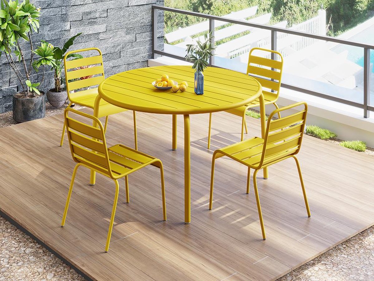 MYLIA Tuineetset MIRMANDE: tafel D.110 cm met 4 opstapelbare stoelen - Metaal - Geel L 110 cm x H 79 cm x D 110 cm