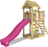 WICKEY speeltoestel klimtoestel JoyFlyer met houten dak & paarse glijbaan, outdoor kinderspeeltoestel met zandbak, ladder & speelaccessoires voor de tuin