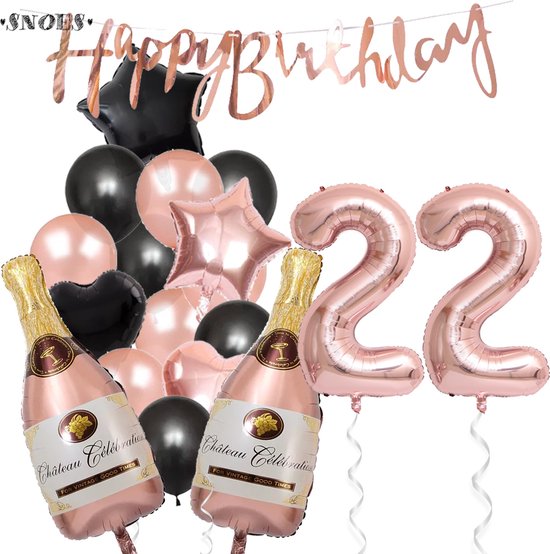 22 Jaar Verjaardag Cijferballon 22 - Feestpakket Snoes Ballonnen Pop The Bottles - Rose Zwart Versiering