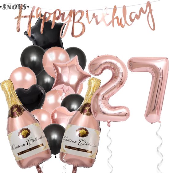 27 Jaar Verjaardag Cijferballon 27 - Feestpakket Snoes Ballonnen Pop The Bottles - Rose Zwart Versiering