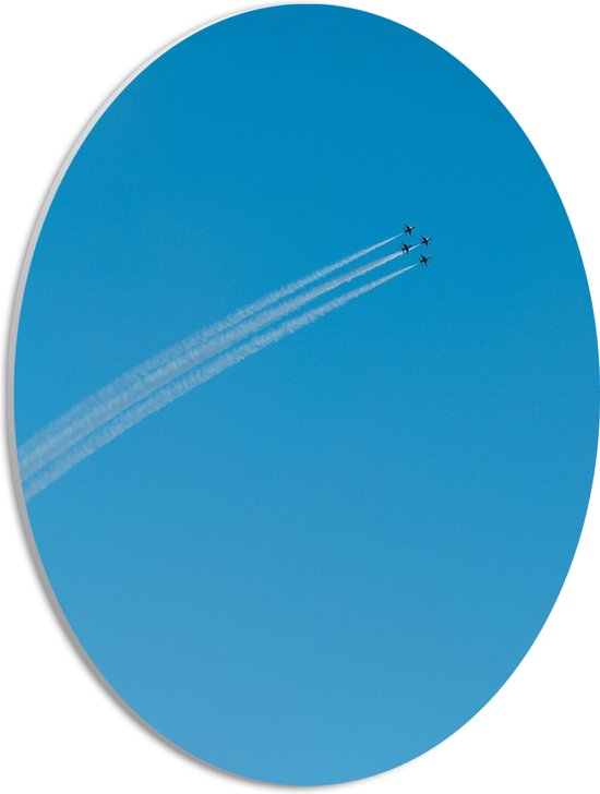 WallClassics - PVC Schuimplaat Ovaal - Groep van Vier Vliegtuigen met Vliegstrepen - 30x40 cm Foto op Ovaal (Met Ophangsysteem)