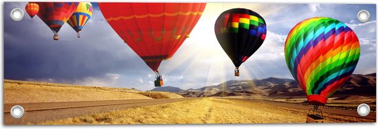 WallClassics - Tuinposter – Groep Luchtballonnen in Verschillende Kleuren boven Droog Landschap - 60x20 cm Foto op Tuinposter (wanddecoratie voor buiten en binnen)