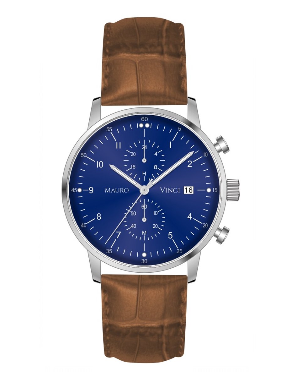 Horloge heren blauw - Mauro Vinci Staal Zilver - Blauw - Cognac met lederen bewaardoos - Business line 420 stalen horloge met Japans binnenwerk