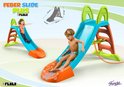Blauwe glijbanen met oranje en groene accenten. Een jongen en een meisje glijden naar beneden. 'FEBER SLIDE PLUS' is zichtbaar.