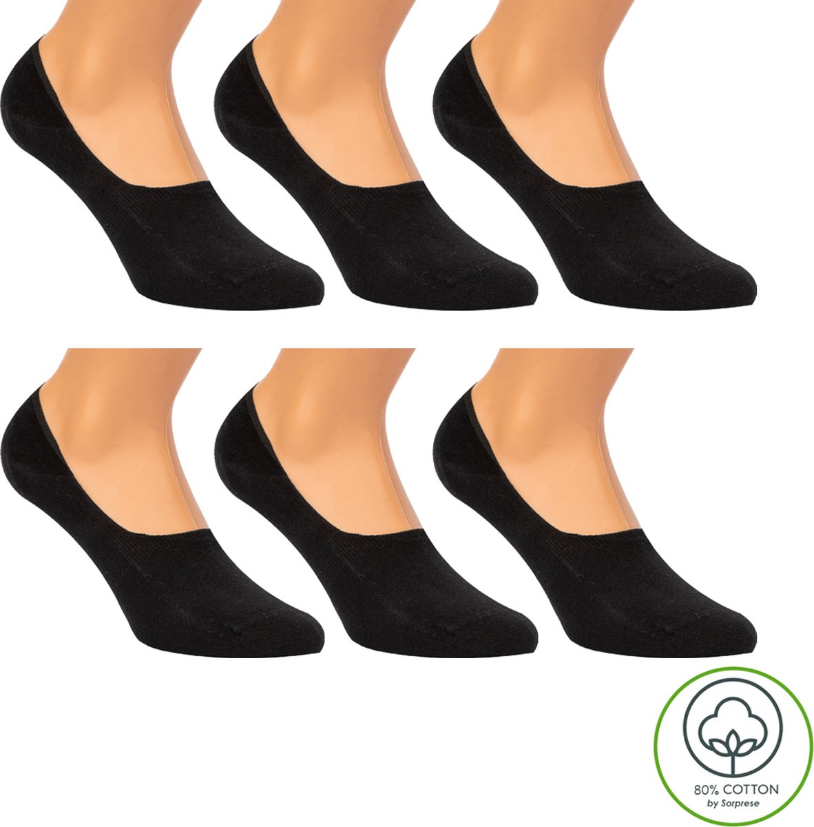 Sorprese Footies - Kousenvoetjes - 6 paar - Maat 35-38 - Zwart - Katoen - Sokken Dames - Onzichtbare Sokken - Cadeau