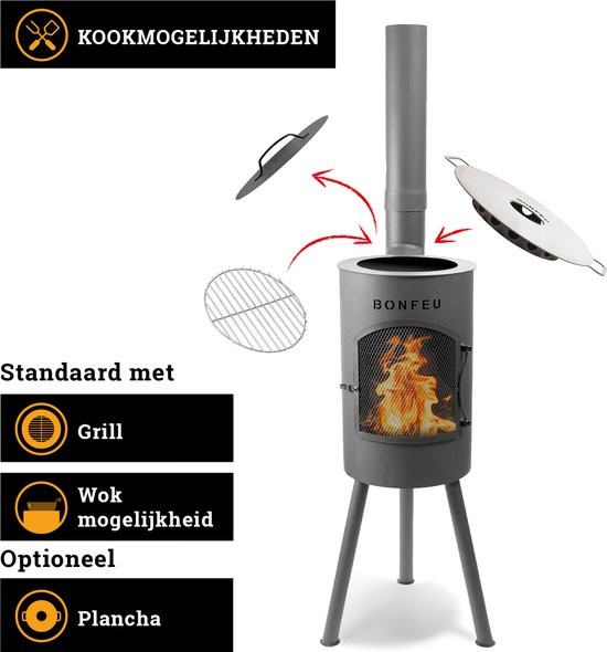 Illustratie van BonFeu tuinhaard met verschillende kookmogelijkheden: grill, wok en plancha.