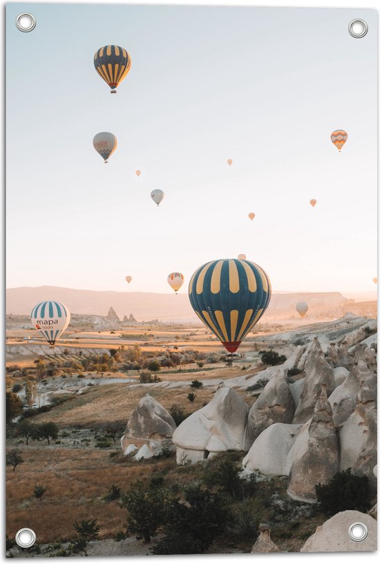 WallClassics - Tuinposter – Grote Groep Luchtballonnen Vliegend boven Rotsig Landschap - 40x60 cm Foto op Tuinposter (wanddecoratie voor buiten en binnen)