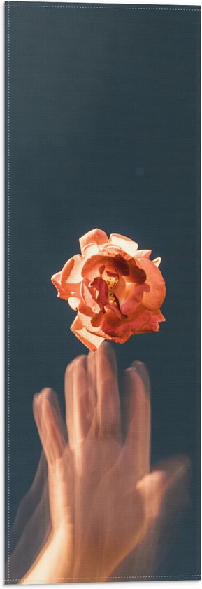 Vlag - Oranje Bloem Balancerend op Vage Mensenhand - 20x60 cm Foto op Polyester Vlag