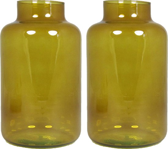 Floran Bloemenvaas Milan - 2x - transparant oker geel glas - D15 x H25 cm - melkbus vaas