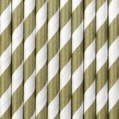 Pailles Partydeco - papier - 20x - rayures blanches/vert olive - 19,5 cm - pailles