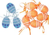 Décoration Oeufs de Pâques à suspendre - 12x pièces - orange/bleu - styromousse - 6 cm