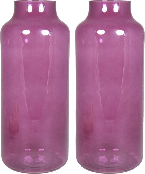 Floran Bloemenvaas Milan - 2x - transparant paars glas - D15 x H35 cm - melkbus vaas met smalle hals