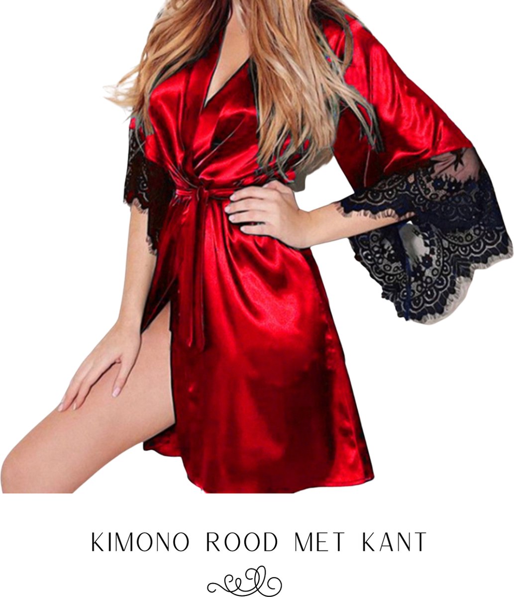 Le Cava - Satijnen Nachtjapon Elegante Loungewear Dames Rood - Kimono Nachtkleding in de kleur Rood met zwarte kant - Maat M