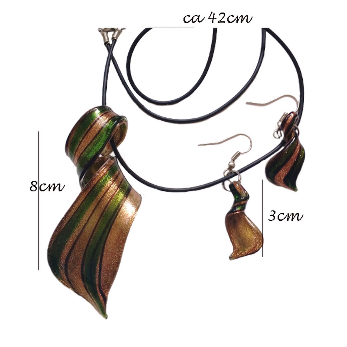 Set: Koord ketting en bijpassende oorbellen, glazen hanger - Olijf