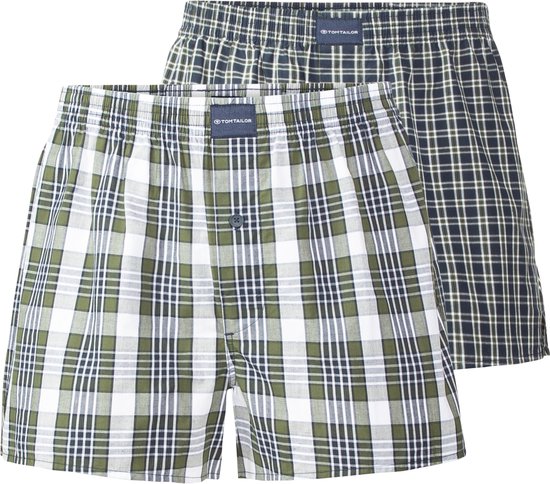 TOM TAILOR heren boxershorts geweven wijd model met gulp (2-pack) - donkergroen geruit - Maat: