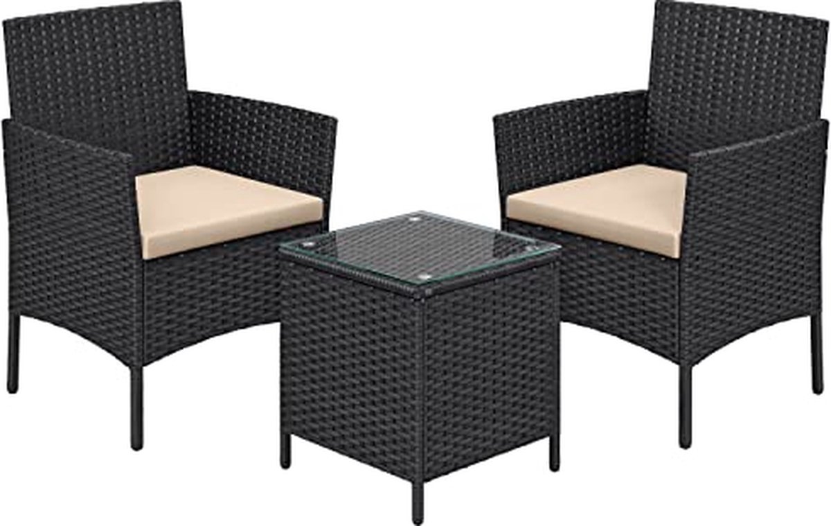 Tuinmeubelset - Gemaakt van PE polyrattan - Loungeset - Tafel en 2 stoelen - Terrasmeubels - Buiten - Zwart
