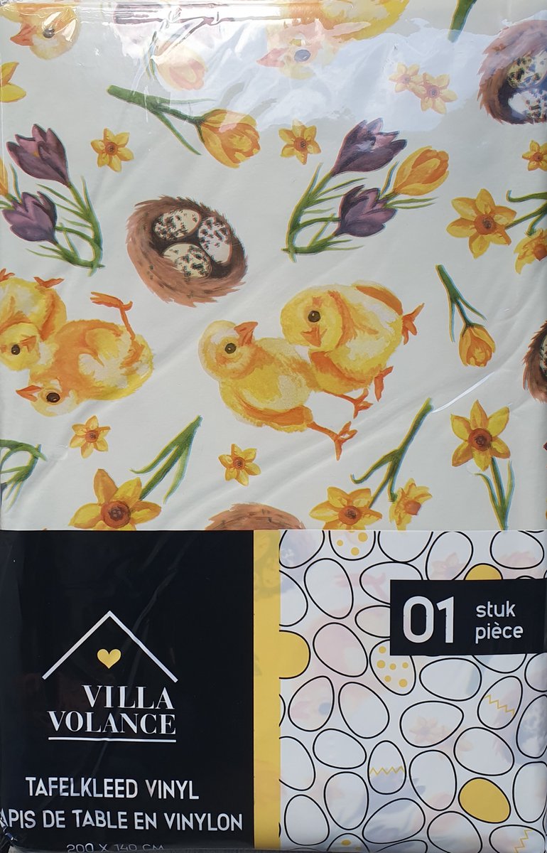 Paaskleed - paastafellaken - 200x140cm - vinyl tafelkleed pasen met kuiken en krokus print -paastafelkleed villa volance