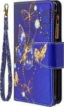 Iphone SE (2020) / 7 / 8 - Portemonnee met rits - book-case hoesje - ruimte voor 9 pasjes - paars blauw vlinders