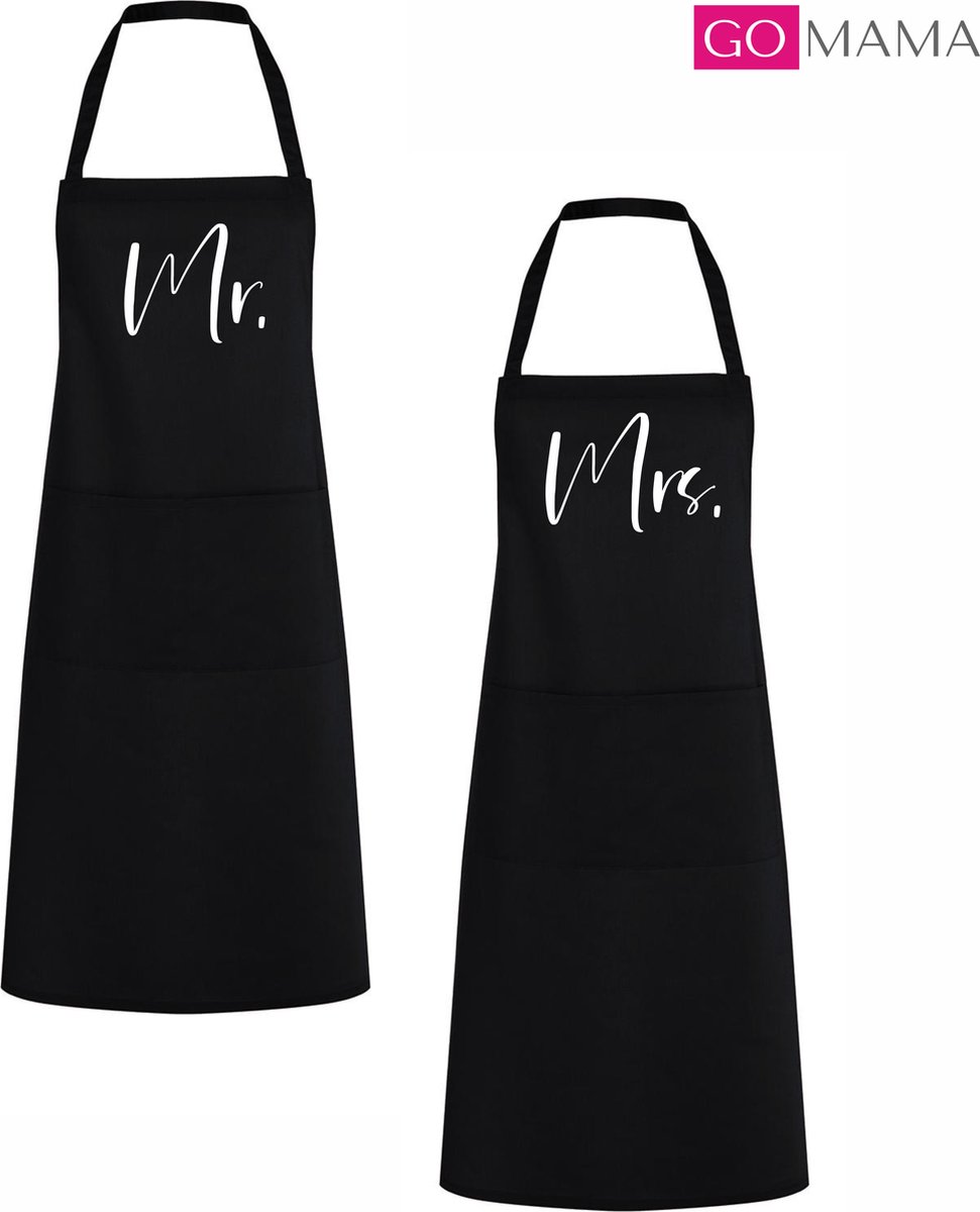 Go Mama™ – Keukenschort set “Mr & Mrs” – Koppel kookschorten – 2 stuks – One Size – Verstelbaar – Origineel huwelijkscadeau of samenwonen cadeau
