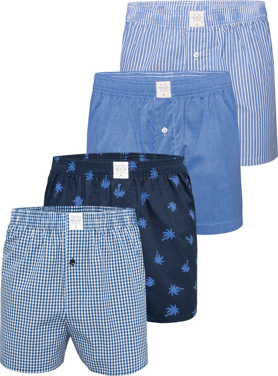 MG-1 Geweven Wijde Boxershorts Heren Core Blauw 4-Pack - Maat XXL - Losse boxershort heren