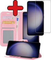 Hoesje Geschikt voor Samsung S23 Hoesje Book Case Hoes Portemonnee Cover Walletcase Met Screenprotector - Hoes Geschikt voor Samsung Galaxy S23 Hoes Bookcase Hoesje - Lichtroze.