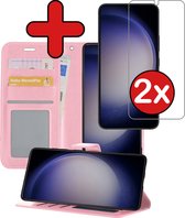 Hoesje Geschikt voor Samsung S23 Hoesje Book Case Hoes Portemonnee Cover Walletcase Met 2x Screenprotector - Hoes Geschikt voor Samsung Galaxy S23 Hoes Bookcase Hoesje - Lichtroze