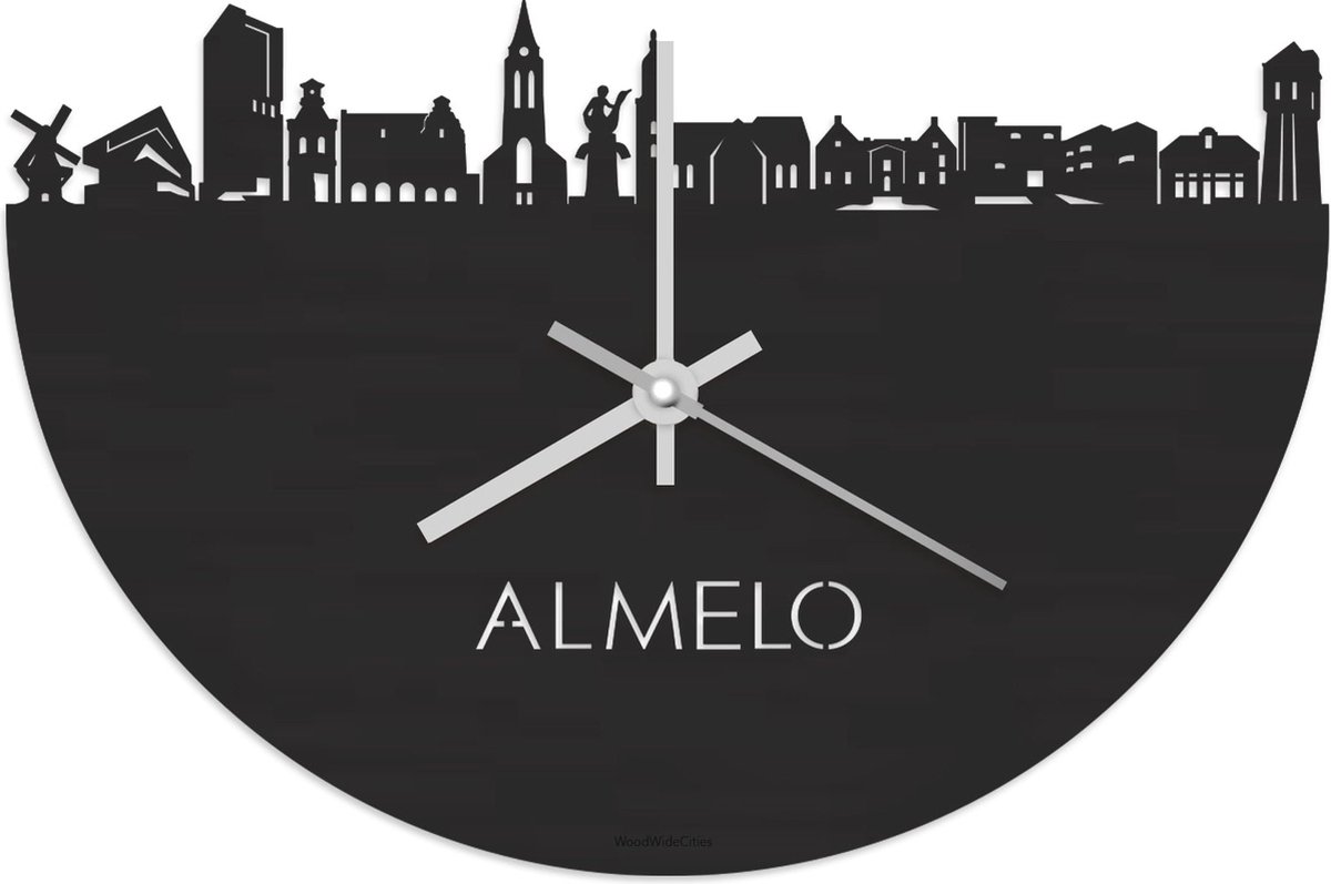 Skyline Klok Almelo Zwart hout - Ø 40 cm - Stil uurwerk - Wanddecoratie - Meer steden beschikbaar - Woonkamer idee - Woondecoratie - City Art - Steden kunst - Cadeau voor hem - Cadeau voor haar - Jubileum - Trouwerij - Housewarming - WoodWideCities