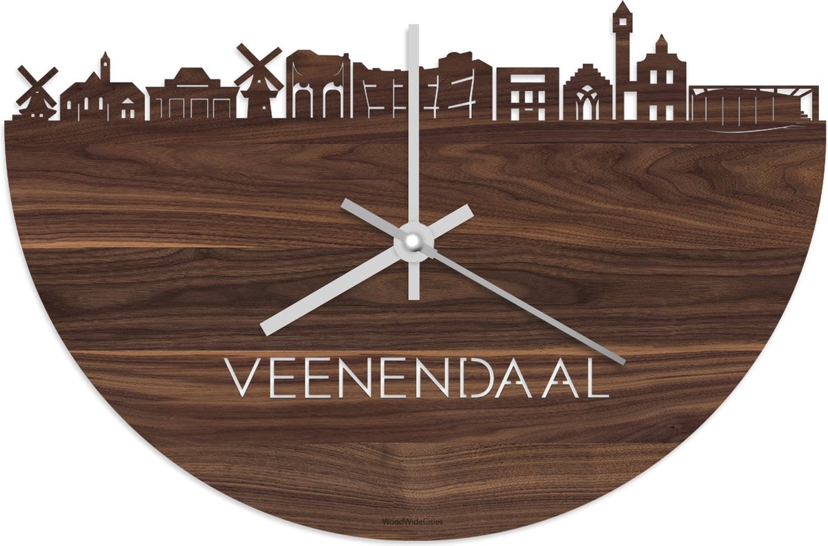 Skyline Klok Veenendaal Notenhout - Ø 40 cm - Stil uurwerk - Wanddecoratie - Meer steden beschikbaar - Woonkamer idee - Woondecoratie - City Art - Steden kunst - Cadeau voor hem - Cadeau voor haar - Jubileum - Trouwerij - Housewarming -