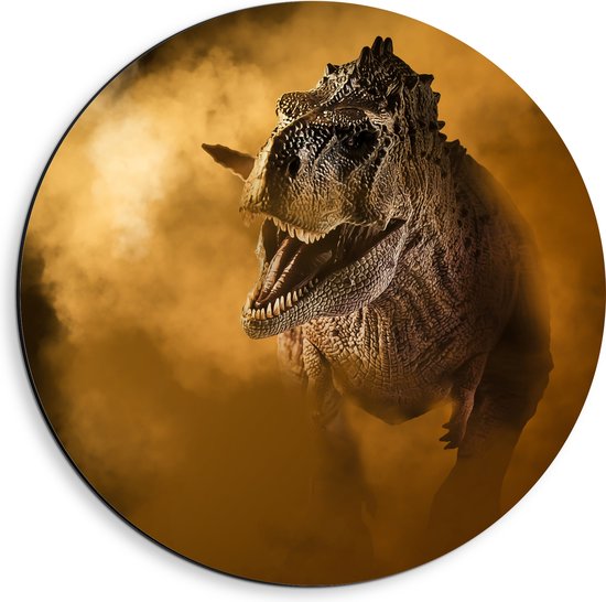 Dibond Muurcirkel - Angstaanjagend T-rex Dinosaurs vanuit Oranje Mist - 40x40 cm Foto op Aluminium Muurcirkel (met ophangsysteem)