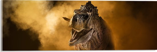 Acrylglas - Angstaanjagend T-rex Dinosaurs vanuit Oranje Mist - 60x20 cm Foto op Acrylglas (Met Ophangsysteem)