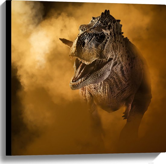Canvas - Angstaanjagend T-rex Dinosaurs vanuit Oranje Mist - 60x60 cm Foto op Canvas Schilderij (Wanddecoratie op Canvas)