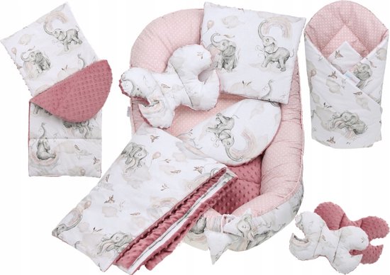 Babynestje set pasgeborenen - knuffelnest baby nestje bed set 7-delig - baby cocon- Roze Olifant- ÖKO-TEX normen