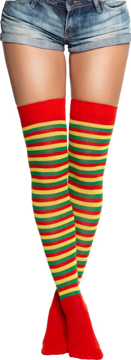Partychimp Overknee Kousen Oeteldonk voor bij Carnavalskleding Dames Carnaval Accessoires Verkleedkleren Volwassenen - Rood/Geel/Groen - Katoen/Polyamide/Elastaan - One-Size
