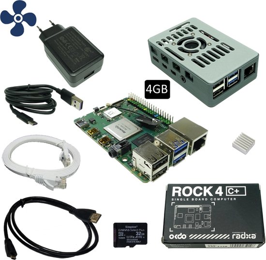 ROCK 4C+ kit - 4GB - ventilator - 32GB SD-kaart met Debian
