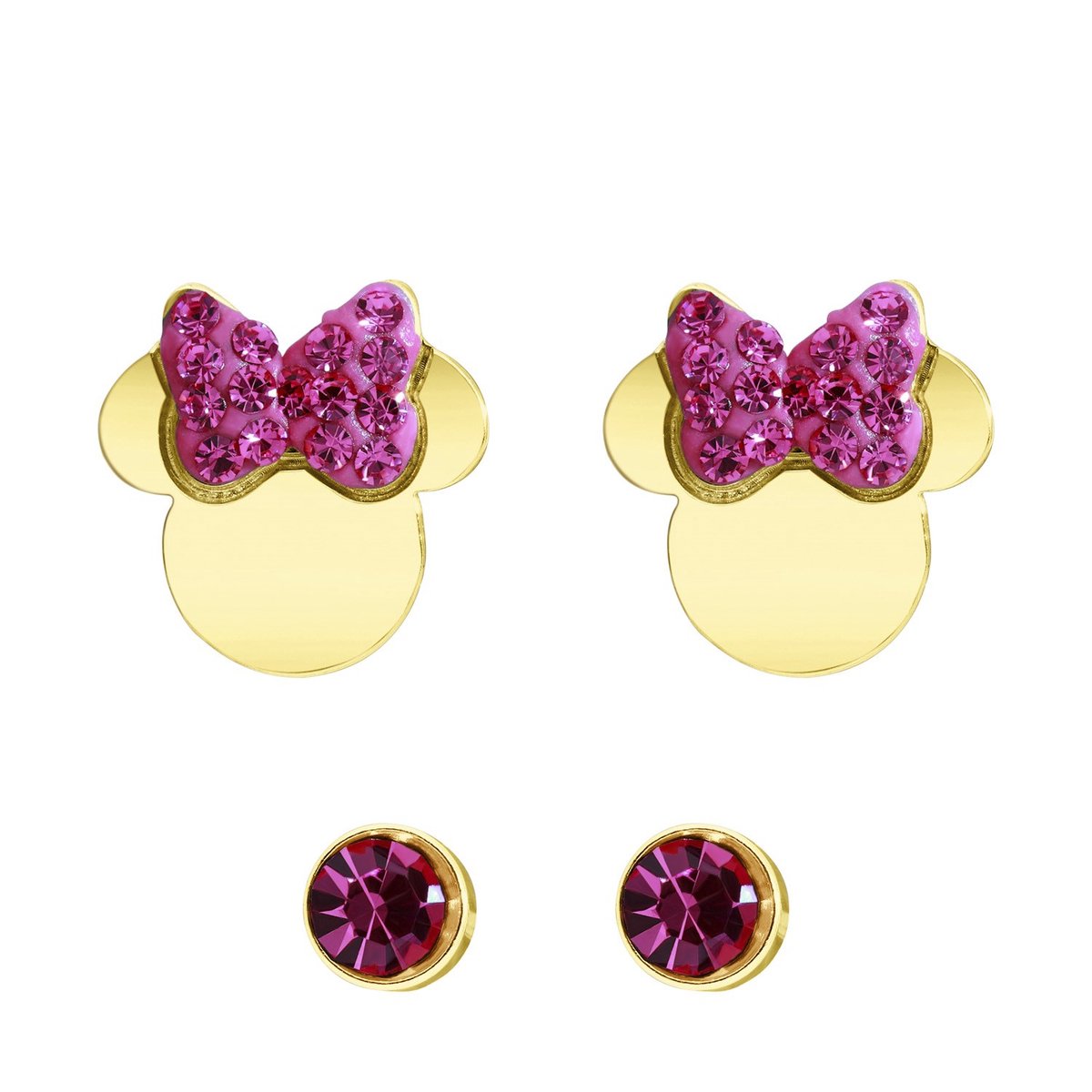 Disney - Kinder Stalen set goldplated oorknoppen 2 paar Disney minnie met kristal roze - Oorbellen - Staal - Goudkleurig