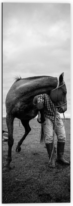 WallClassics - Dibond - Persoon met Paard in het Zwart Wit - 50x150 cm Foto op Aluminium (Met Ophangsysteem)