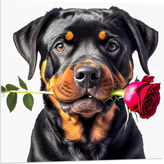 Acrylglas - Romantische Rottweiler Hond met Roos tegen Witte Achtegrond - 80x80 cm Foto op Acrylglas (Wanddecoratie op Acrylaat)