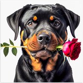 Poster Glanzend – Romantische Rottweiler Hond met Roos tegen Witte Achtegrond - 50x50 cm Foto op Posterpapier met Glanzende Afwerking