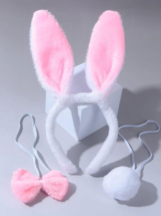 Diadeen konijnenoren + strikje + staartje roze wit voor volwassenen - 