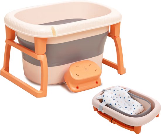 Opvouwbaar babybad met badkussen en geïntegreerde thermometer, kinderbad met 5 ballen en badhouder, ideaal als cadeau voor de geboorte, meisjes of jongens