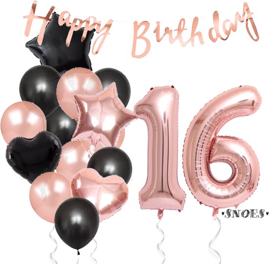Snoes Ballonnen 16 Jaar Feestpakket – Versiering – Verjaardag Set Liva Rose Cijferballon 16 Jaar -Heliumballon