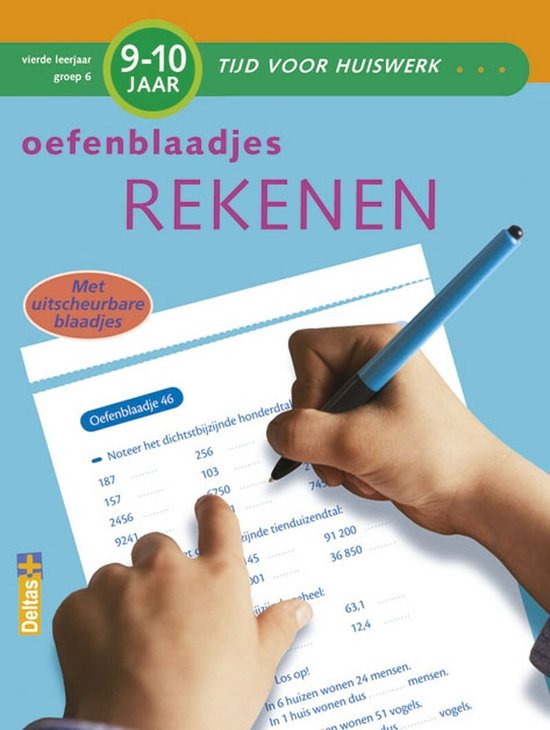Voorpagina van 'oefenblaadjes rekenen' voor 9-10 jaar, groep 6. Hand met pen maakt som.